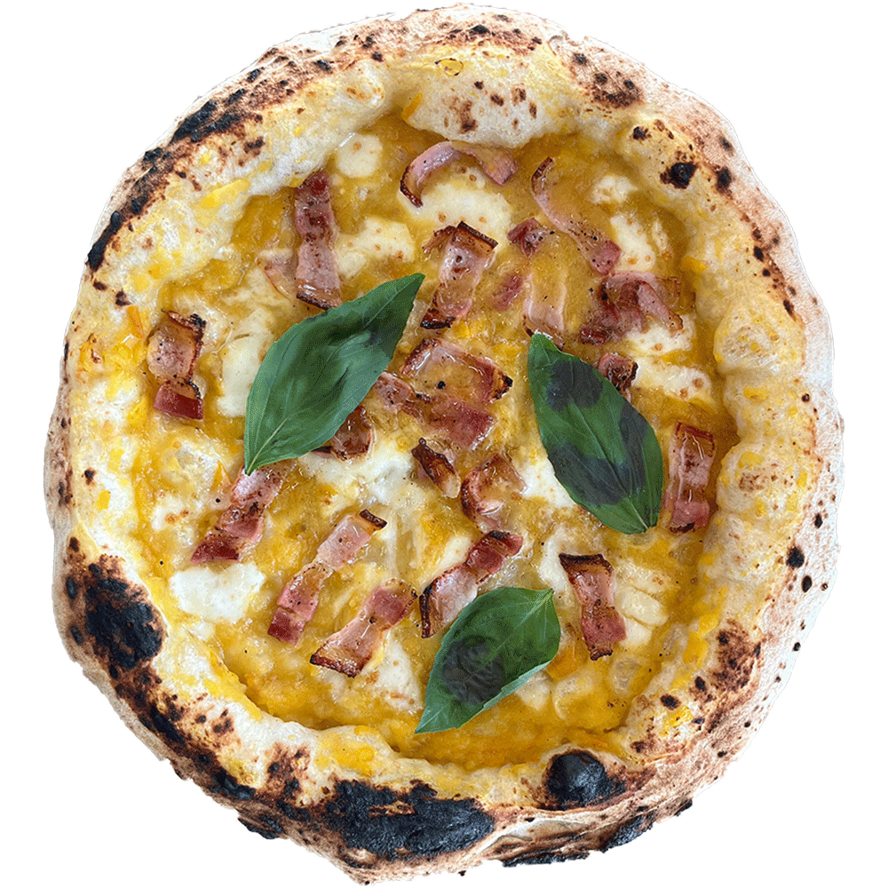 Pizza GIALLO
Mozzarella, sauce de tomates jaunes, Pancetta, basilic frais 