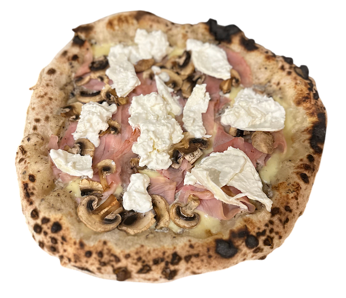 Pizza MADONE
Sauce tomate, basilic frais, Mozzarella, jambon blanc, champignons frais