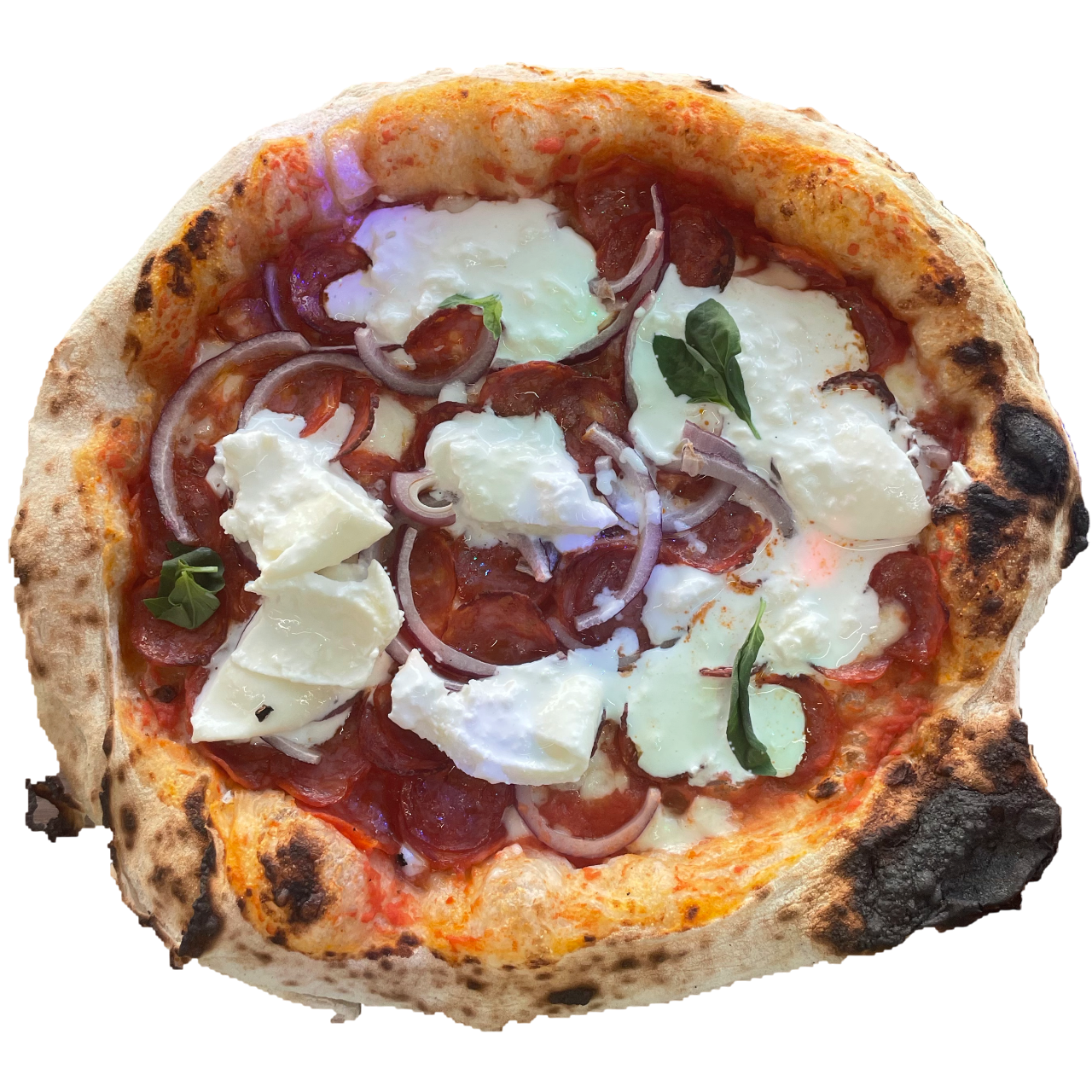 Pizza GIALLO
Mozzarella, sauce de tomates jaunes, Pancetta, basilic frais 